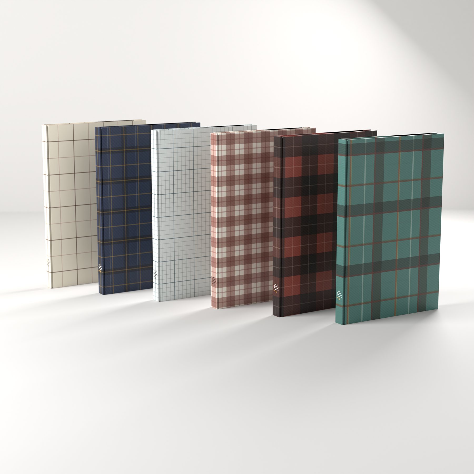 Pattern journal collection — six covers in a shingled row