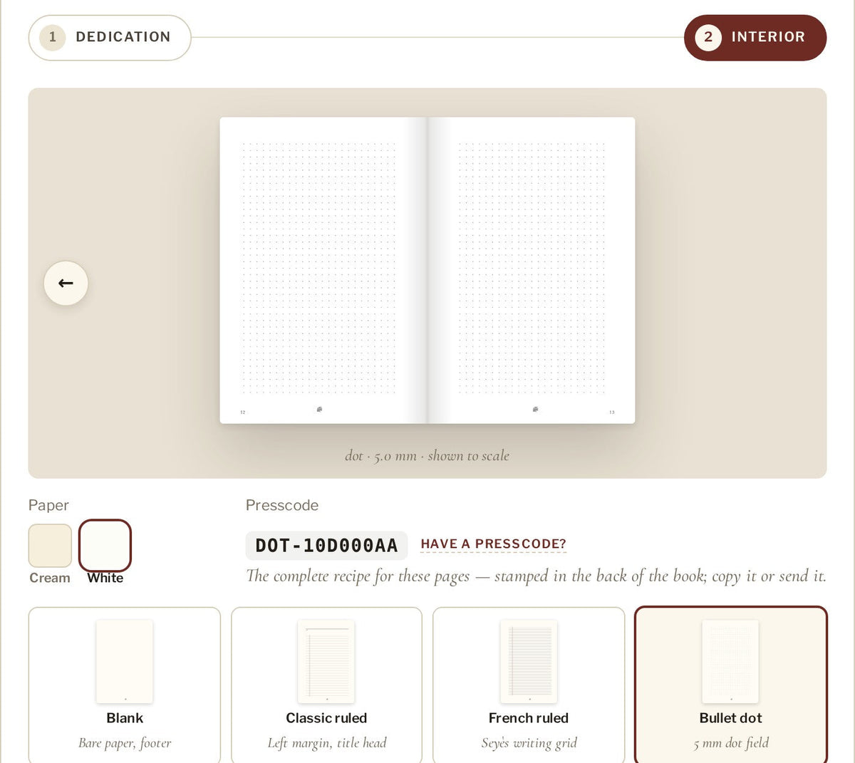 The journal customizer — rule the pages live, and the presscode follows