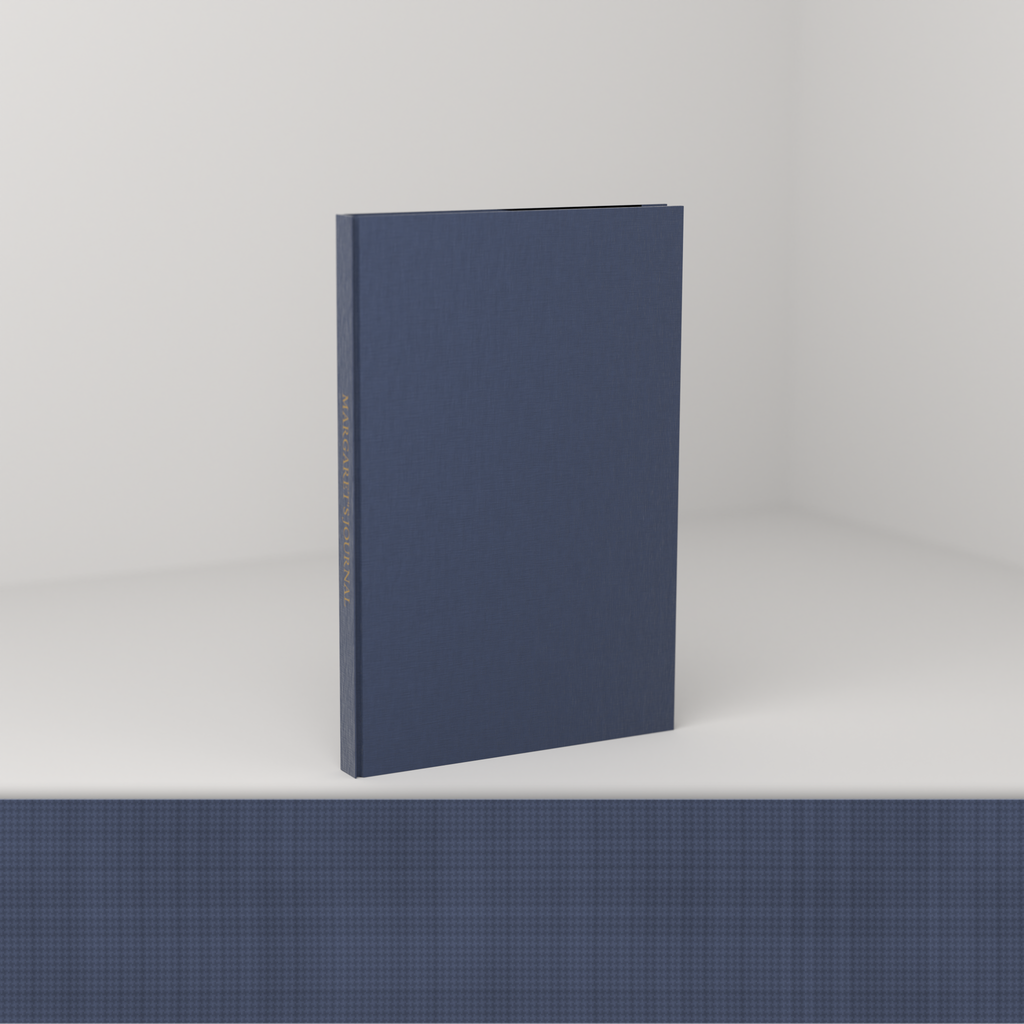 Navy linen edition [linen] — cloth hardcover with a foil-stamped spine, shown with a magnified swatch of the bookcloth