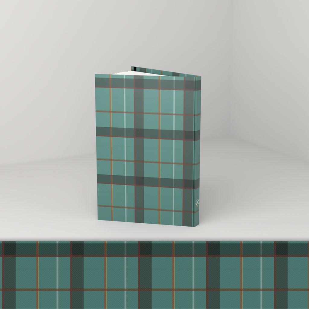 Plaid journal, standing open — back cover 3/4 view