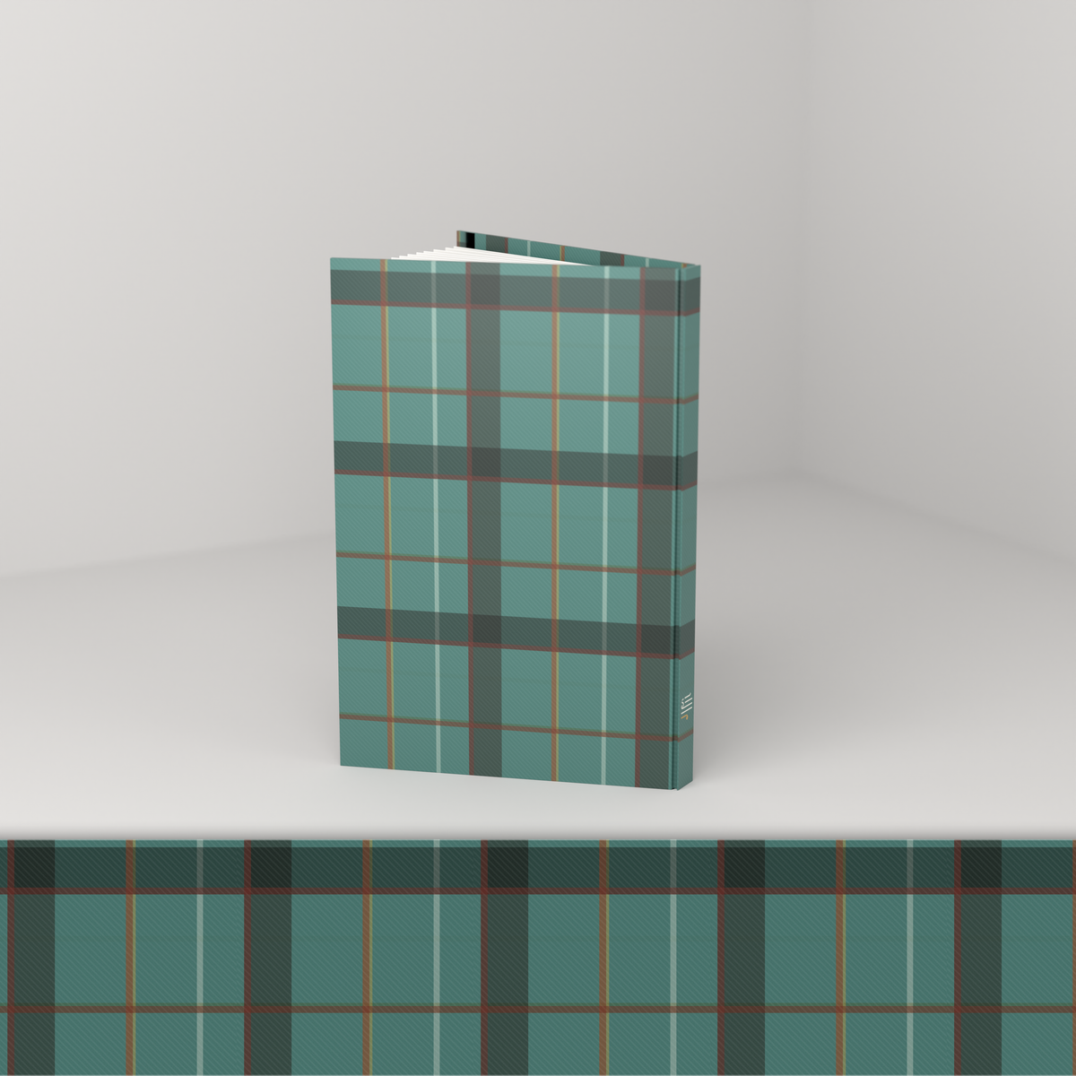 Plaid journal, standing open — back cover 3/4 view