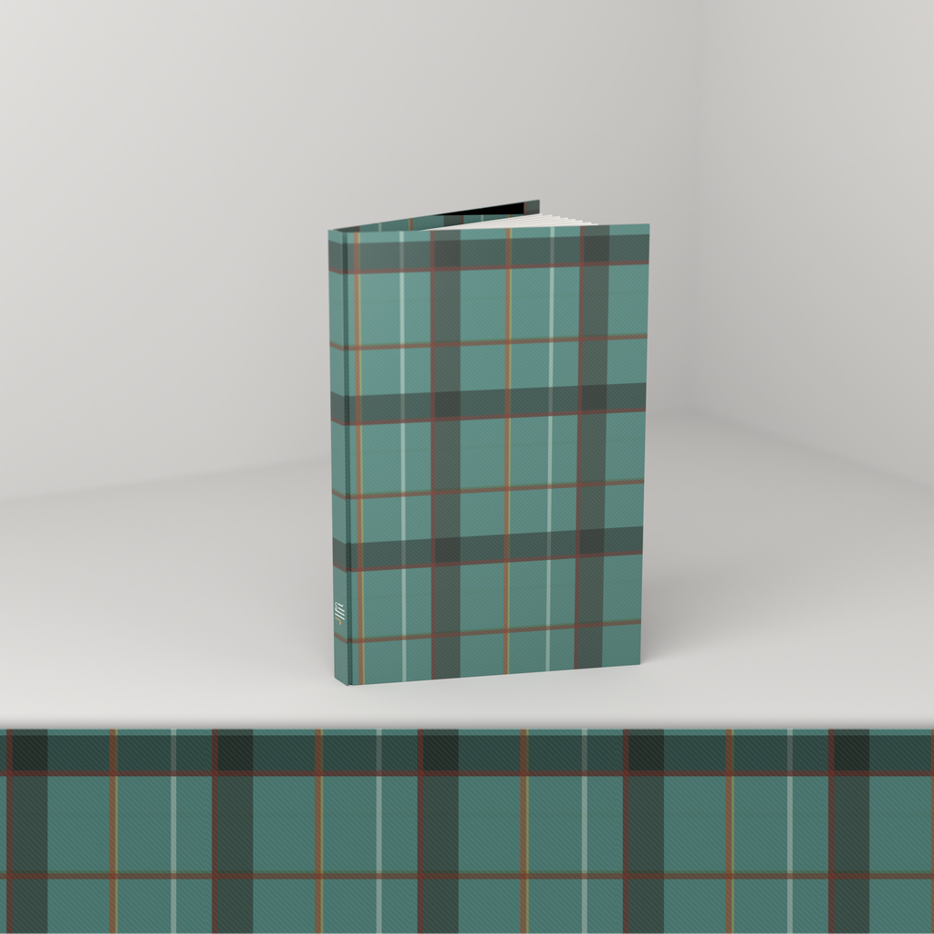 Plaid casewrap hardcover journal, standing open — front 3/4 view