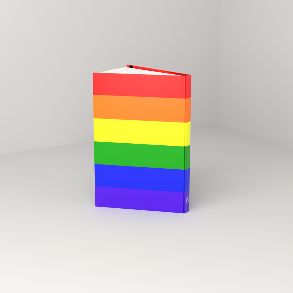 Rainbow journal, standing open — back cover 3/4 view