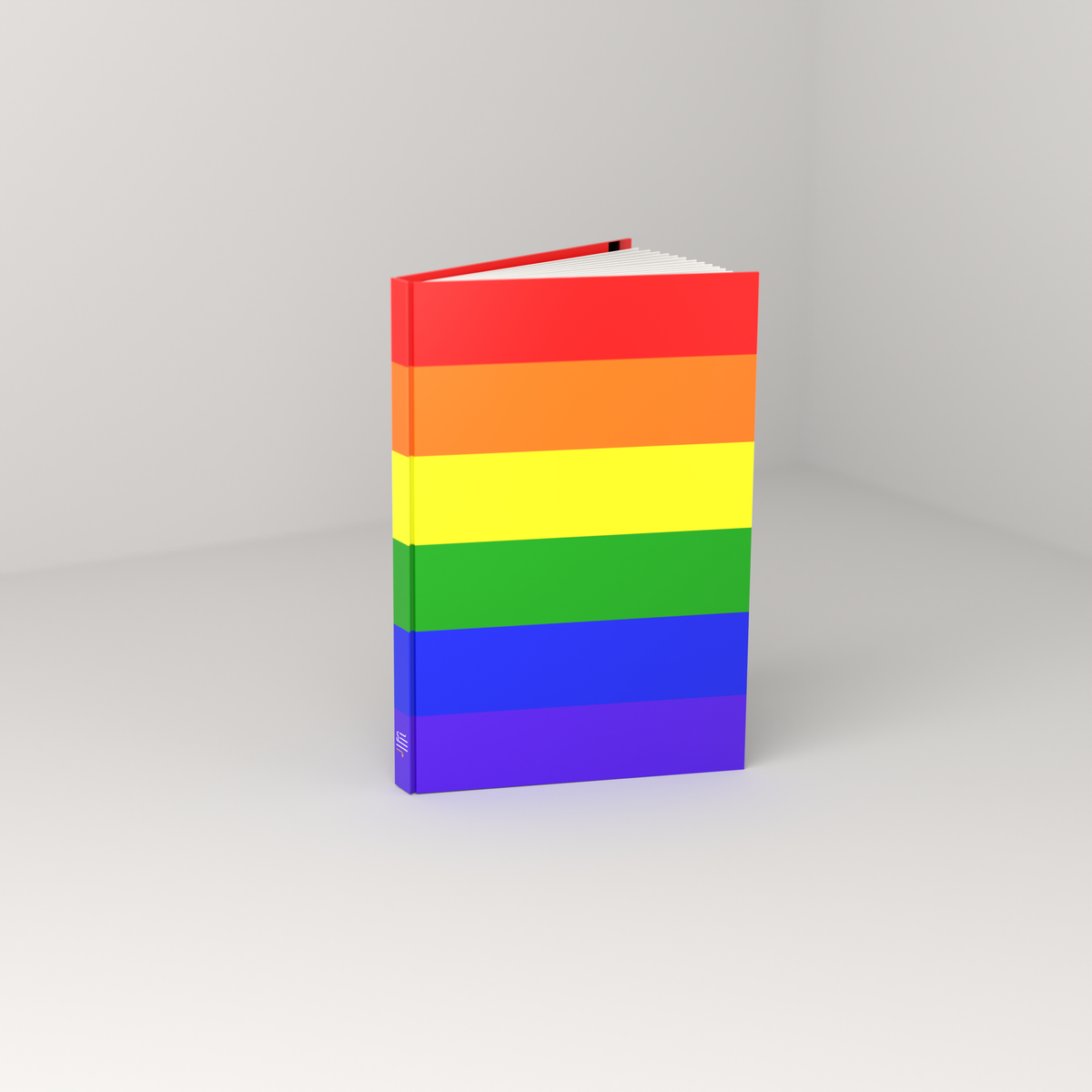 Rainbow casewrap hardcover journal, standing open — front 3/4 view