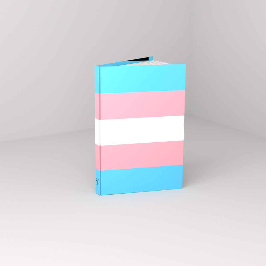 Trans Pride casewrap hardcover journal, standing open — front 3/4 view