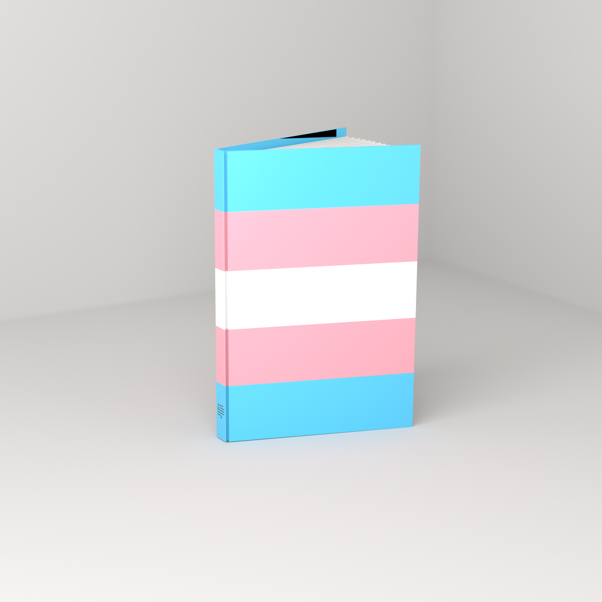 Trans Pride casewrap hardcover journal, standing open — front 3/4 view